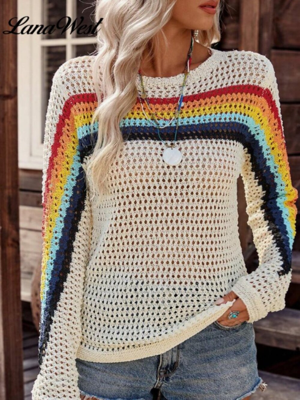 Shein Curve Striped Hollow-Out Knit Pullover - Size 2XL